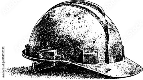 Worn hard hat positioned on textured surface in studio