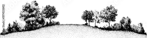 Tree lined grassy knoll rendered in stippling with scattered shrubs