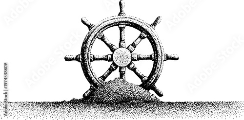 Ship wheel partially buried in sand on coastal plain