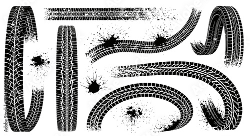 Tire Tracks Grunge Set: Dirty Car Wheel Prints, Splatters, and Smudges on White Background