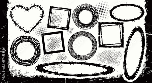 Grunge Frames Collection: Barbed Wire Heart, Circles, Squares, Ovals - Black and White Textures