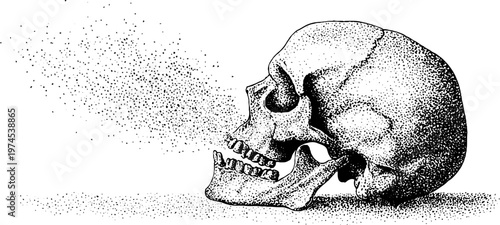 Human skull emitting particulate dust on plain background