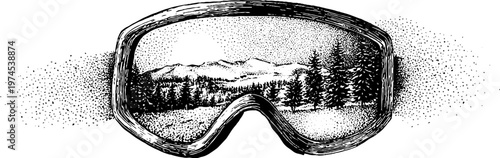 Goggles showing mountain and pine forest reflected in lens
