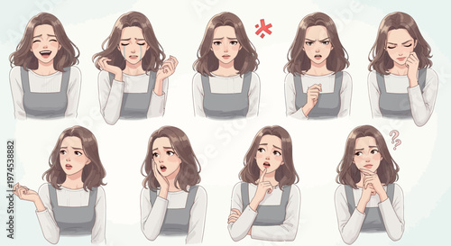 Woman's diverse emotions and expressions collection, facial gestures, illustration