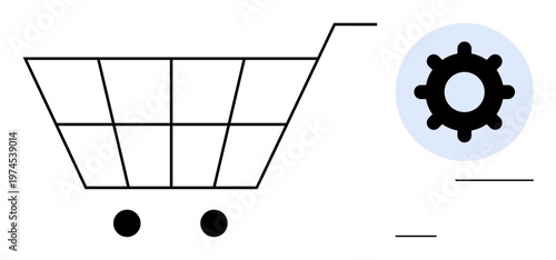 E-commerce concept. A shopping cart paired with a gear symbol highlights e-commerce functionality and optimization processes. E-commerce for online shopping, retail, digital trade, and logistics