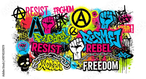 Graffiti Art: Resist, Rebel, Freedom, Anarchy Symbols, Fist, Skull, Urban Street Art