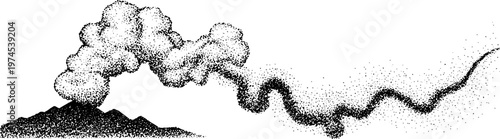 Mountain vent emitting billowing smoke into elongated sky trail