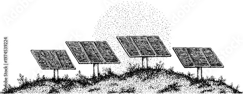 Group of solar panels facing sun on low vegetated mound