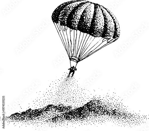 Parachute with jumper descending toward textured ground below