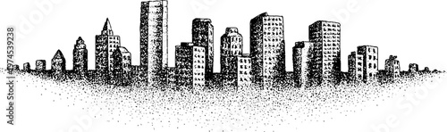 Urban building skyline rendered in dotted stipple on horizon