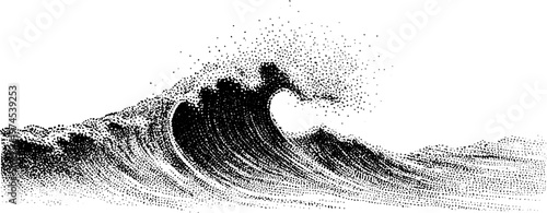 Ocean wave curling and crashing rendered in stippled ink