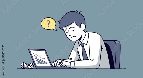 Frustrated Businessman with Falling Graph on Laptop Screen and Question Mark Bubble