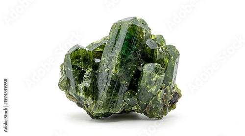 Vibrant green raw crystals cluster on white background, natural mineral sample