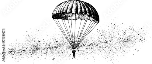 Canopy parachute carrying person descending over scattered terrain