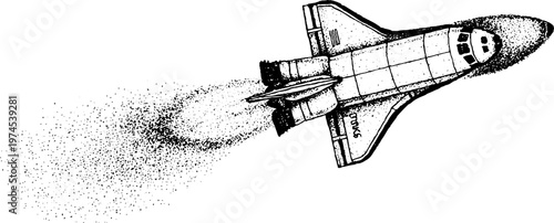 Space shuttle releasing particle trail during flight over sky