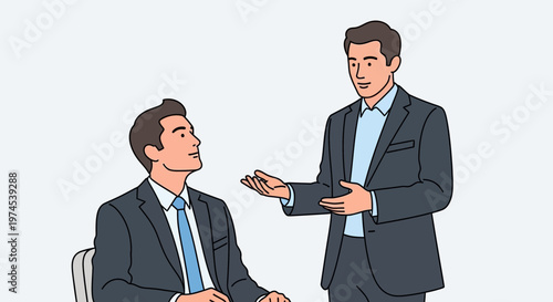 Two businessmen in suits discussing a project, one standing and gesturing, the other seated.