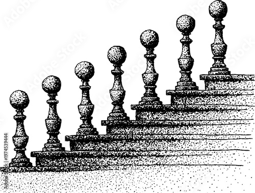 Ornamental balusters lining ascending stone staircase with round finials