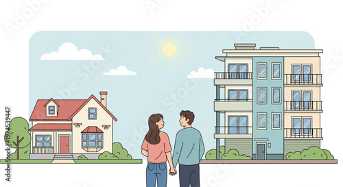 Couple choosing between house and apartment, real estate decision, home buying concept