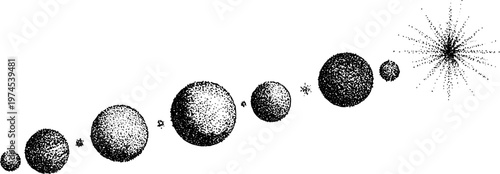 Spherical bodies progressing diagonally toward bright star