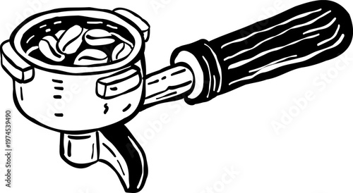 Hand-drawn espresso portafilter with handle, imperfect line art doodle. Coffee dripping from the filter into a cup, minimalist vector illustration