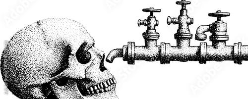 Human skull receiving water from industrial metal faucet