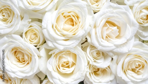 Close-up view of numerous ivory-white roses arranged together. Soft petals, delicate folds, and subtle shading create a stunning, pure composition