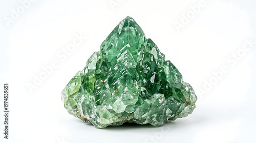 Green crystal cluster on white background, raw mineral formation close-up