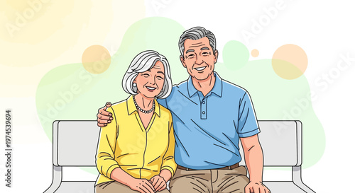 Happy Asian senior couple sitting on bench, smiling, enjoying retirement life together.