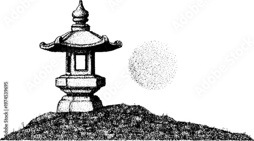 Stone garden lantern beside sun on grassy mound with white background