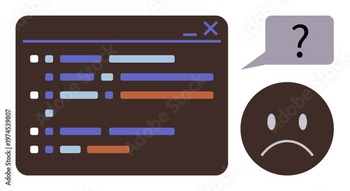 Software development, programming tutorials, debugging, error handling, IT support, problem solving. A coding interface with a sad face and a speech bubble with a question mark. Programming tutorials