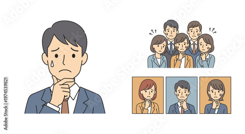 Worried businessman thinking, group of people concerned, employees stressed, decision making