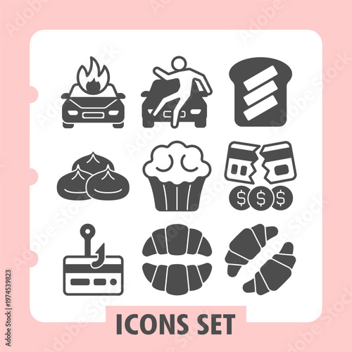 Car accident, dumplings, credit card fraud cons, featuring concepts of daily life, financial dealings, common foods and security. Set of nine glyph icons on white background.