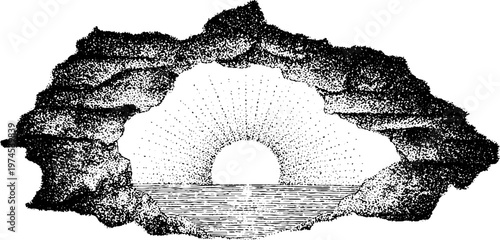 Sun rising framed by rocky cave opening over ocean