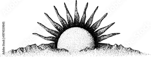 Sun rising behind mountainous horizon in stippled illustration