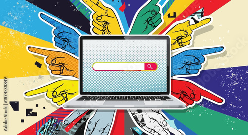 Laptop with search bar surrounded by pointing fingers, concept of online search and decision making