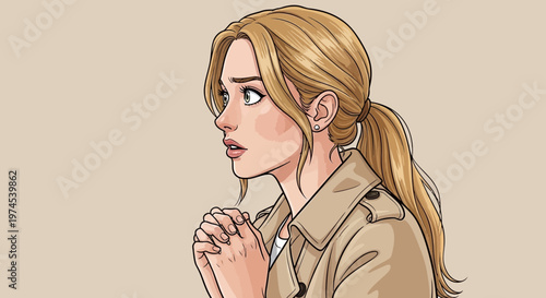 Young Woman Praying with Hope and Concern