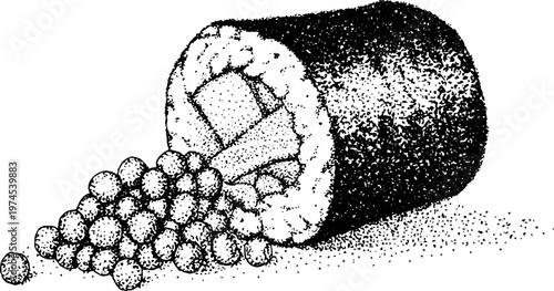 Sushi roll spilling fish roe across paper background