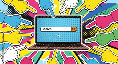 Many fingers pointing at a laptop with a search bar, symbolizing online scrutiny and judgment.