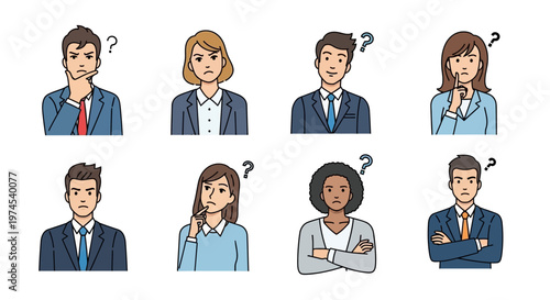 Confused Business People Set, Diverse Men and Women with Question Marks, Uncertainty