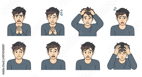 Man's Emotional Expressions: Stress, Worry, Sadness, and Frustration - Set of Icons