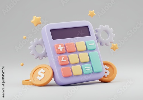 3 d render of a pastel purple calculator surrounded by floating gold dollar coins, gears, and yellow stars 3d