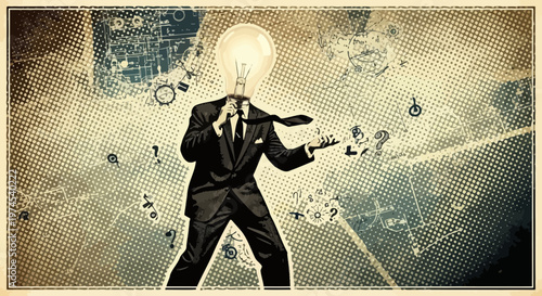Man with Light Bulb Head, Idea, Innovation, Business Concept, Retro Style