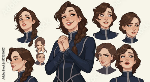 Character Design Sheet: Young Woman with Braided Hair Expressing Various Emotions