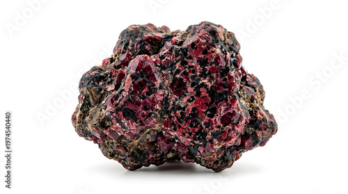 Macro shot of a raw garnet mineral cluster isolated on white