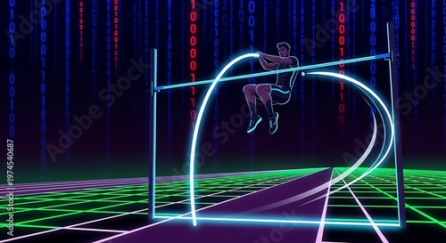 Athlete clearing high jump in digital environment