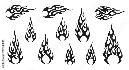 Tribal Flame Tattoos Set: Fire Graphics, Hot Decals, Abstract Burning Designs
