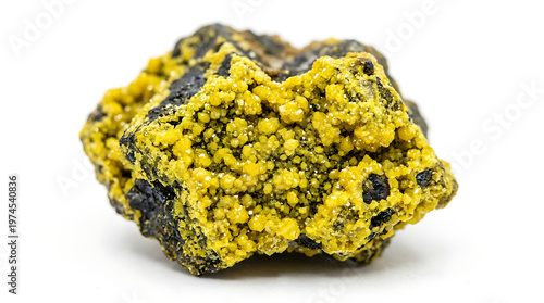 Close-up of a raw, vibrant yellow mineral specimen with rough texture on a dark rock formation