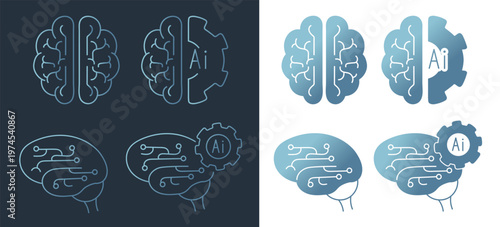 AI Brain Icon Set – Artificial Intelligence, Neural Network, Machine Learning Line and Flat Vector Collection