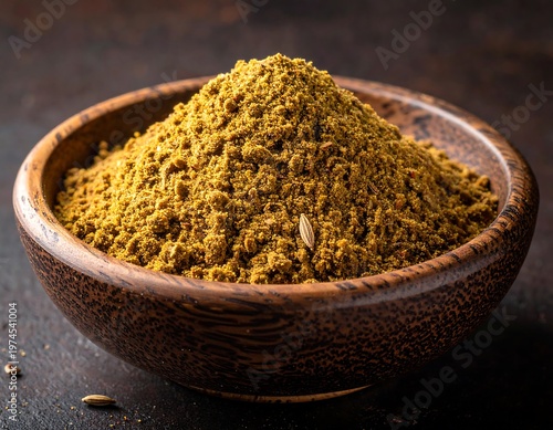 Close-up shot of a wooden bowl filled with fine, yellowish-brown powder, likely a spice blend, with a few seeds