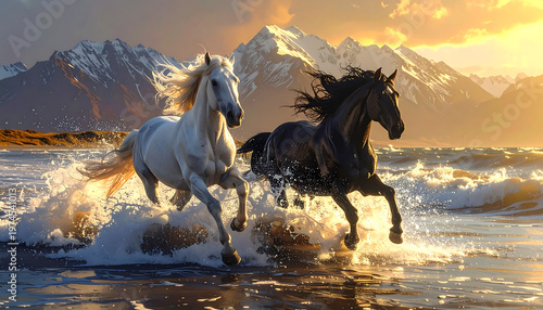 Majestic horses galloping through a surreal mystical landscape